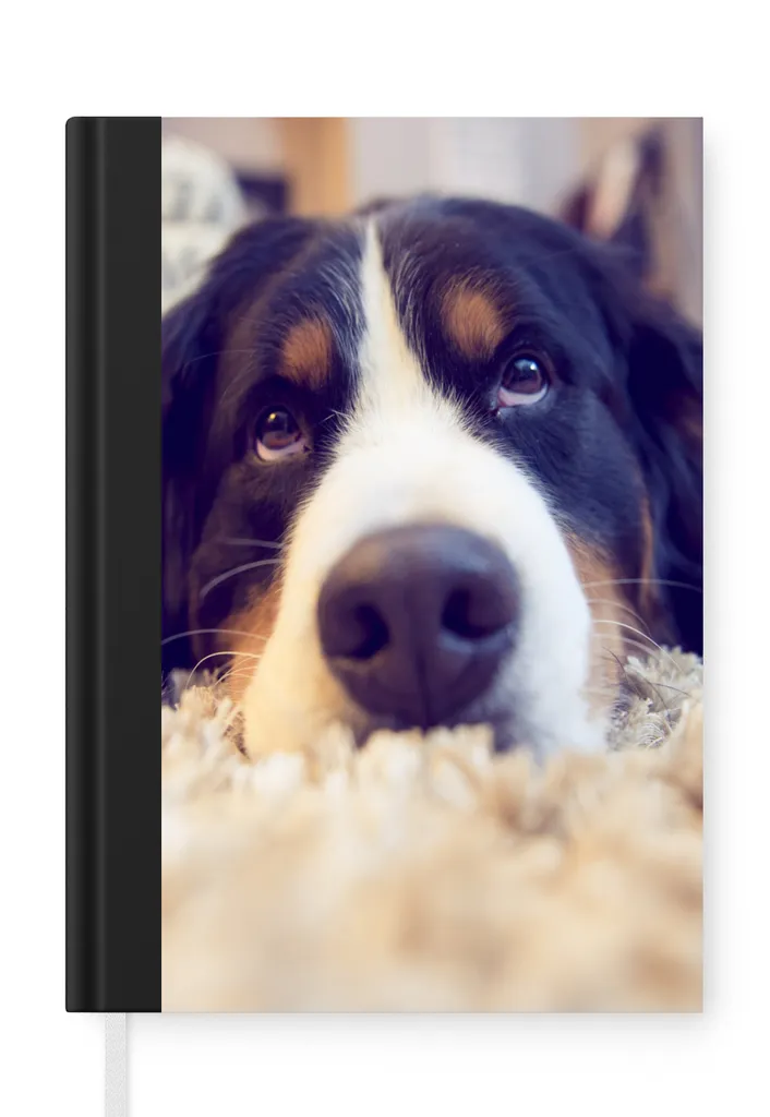 MuchoWow® Notizbuch Tagebuch Haushaltsbuch Notebook A5 Berner Sennenhund auf einem weichen Teppich liegend - Notizblock - Notizheft - Notebook - Schreibblock - Papier